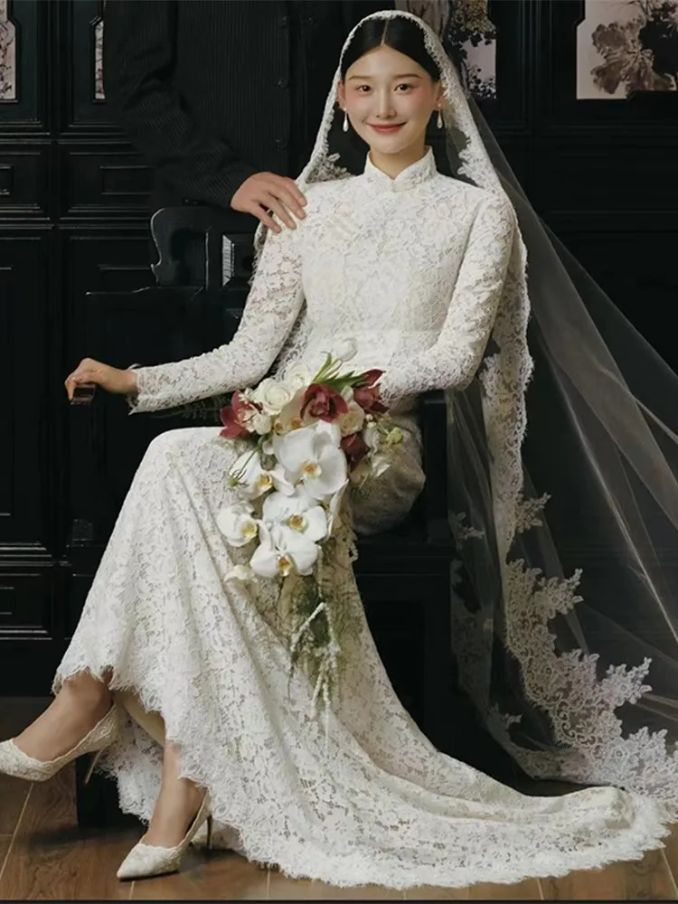 Chinese Style Improved Cheongsam New Wedding Dress Bridal French Retro Lace Long Sleeve Textured Trailing