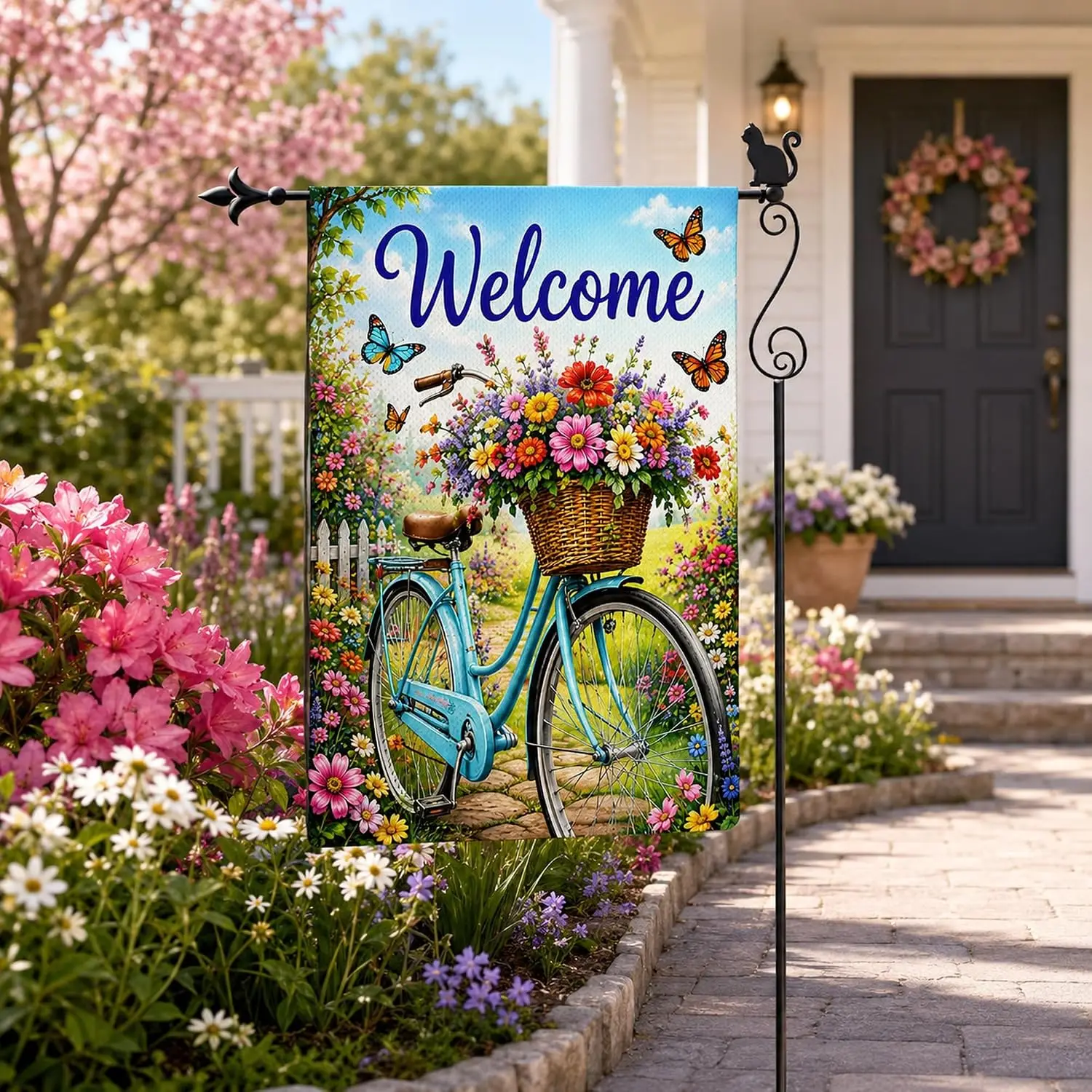 Welcome Bicycle Flower Basket Garden Flag, Double Sided 12 x 18 Inch Burlap Outdoor Yard Flag for Porch Patio Lawn Decor kkz