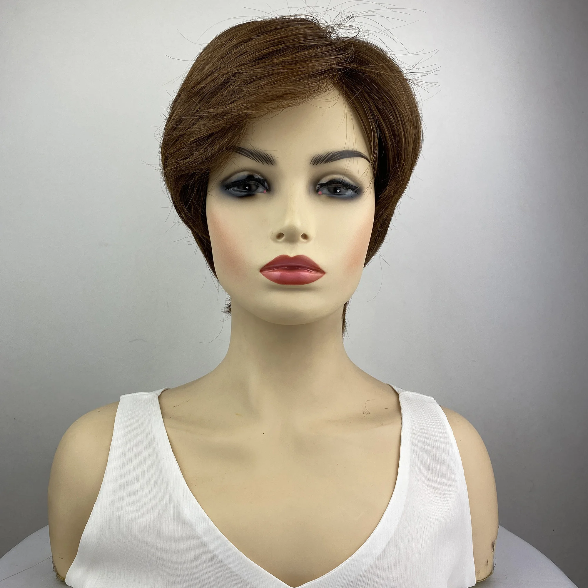 

light Brown short Wavy Wig – Middle-Part Big Curls Full Head Heat-Resistant Synthetic Hair for Women