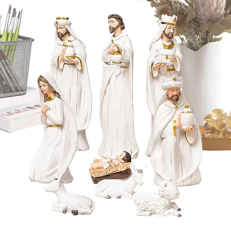 Nativity Scene Figures Family And Angel Statue 9X Construction Indoor Resin Holiday Decor Indoor Sculpture For Religious Decor