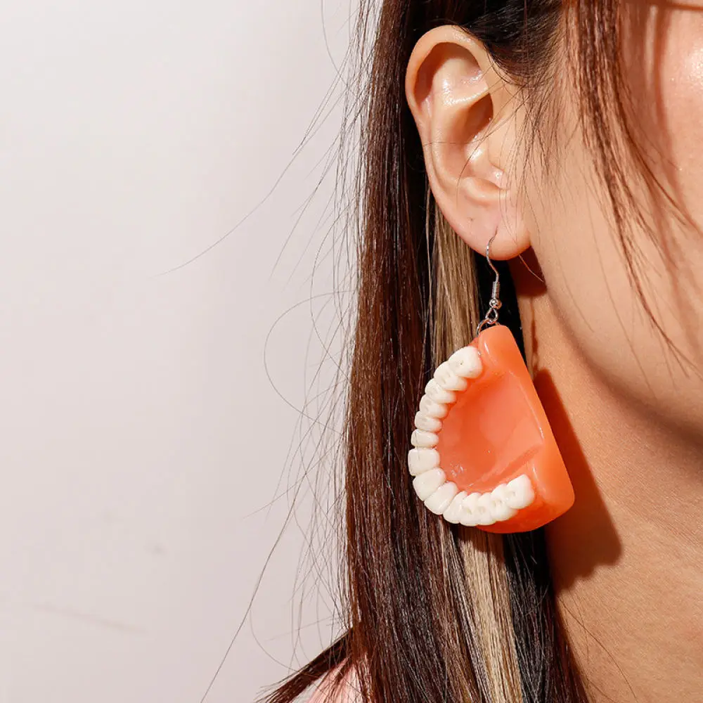 Funny 3D Teeth Dangle Earrings Resin Halloween Jewelry Horror Party Accessory Creative Fake Tooth Ear Stud Style Gift