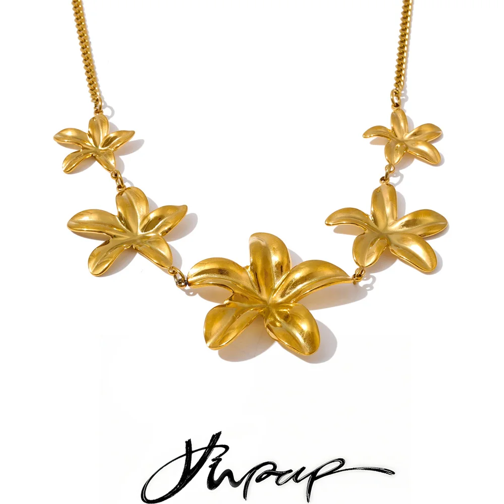Yhpup Beliebte Halskette mit Blumenanhänger aus Edelstahl, Metall, anlaufgeschützt, modischer Kragen, Schmuck, PVD-beschichtet, wasserdicht