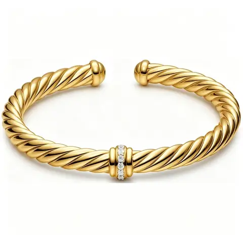 Women Gold Plated Brass Flexible Cuff Bracelet 6mm, Twisted Center Station with Crystal Stones, Comfortable Daily Jewelry Gift