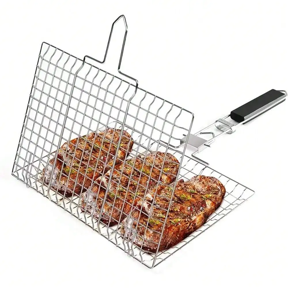 1pc Folding Outdoor Camping Stainless Steel BBQ Rack With Removable Handle Grilling Basket Barbeque Griller Cooking Tools