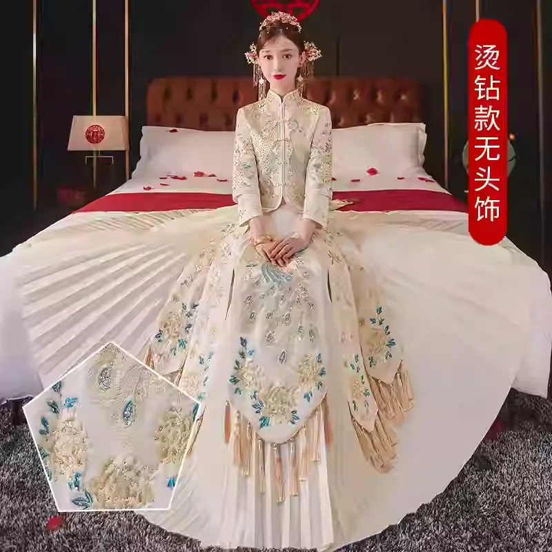 Champagne color Xiuhe dress female bridal dress 2024 new Chinese wedding dress show kimono large size toast dress summer