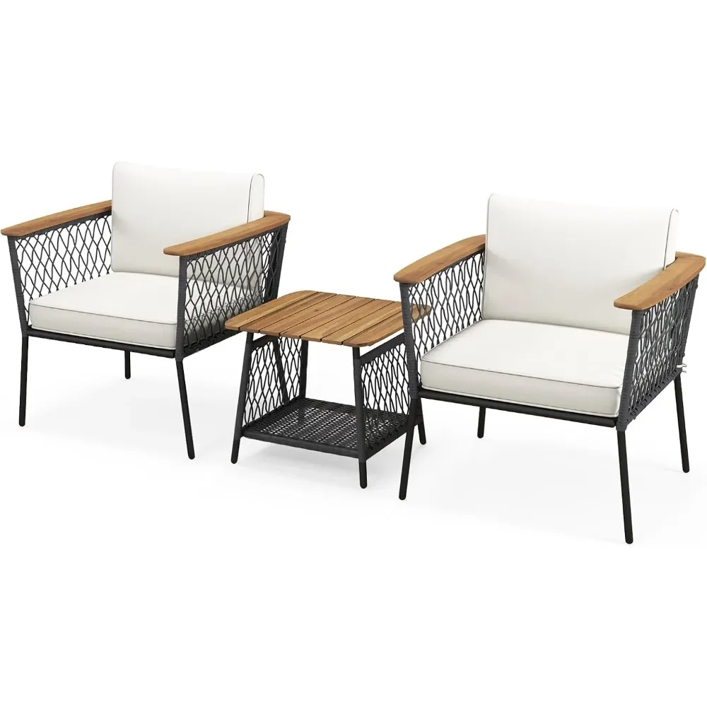 

3 Piece Patio Furniture Set, Rattan Chair Set w/ 2-Tier Coffee Table, Acacia Wood Armrests & Tabletop, Soft Seat & Back