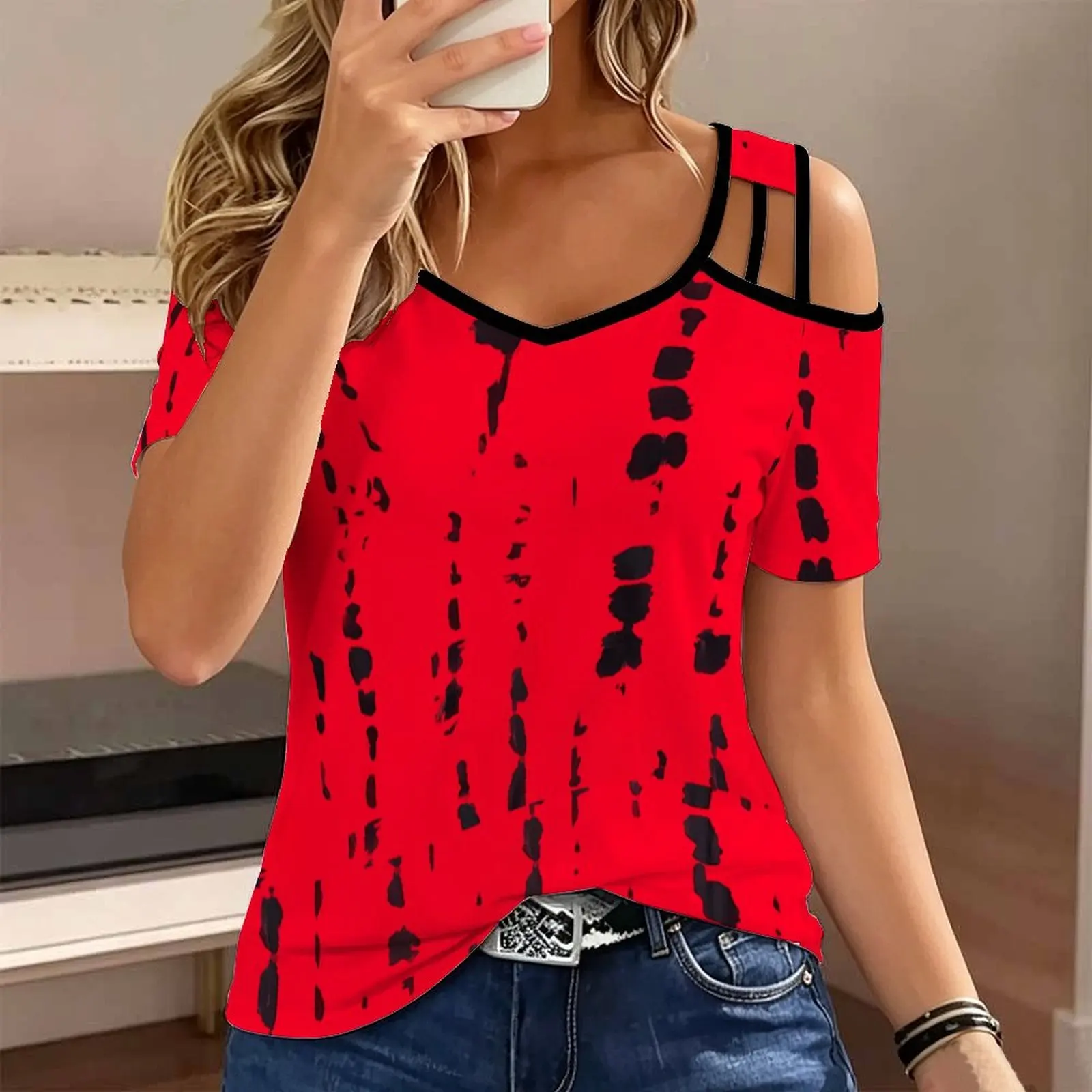Plus Size Summer Women’s Retro Print  Cold Shoulder V Neck Tee Elegance Fashion Casual Top Beach Vacation Wear