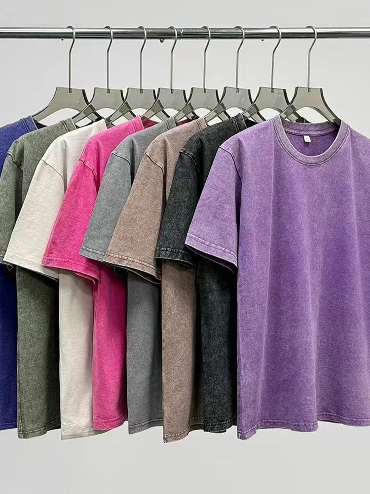 2026 Summer Washed T-Shirts 230G Heavy Cotton Vintage Faded Color Oversized Unisex Basic Tee Short Sleeve Loose Workout Tops