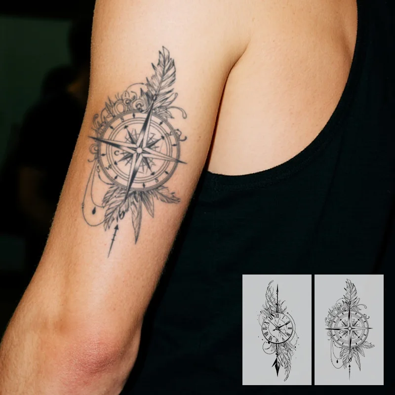 Compass and Feather Herbal Temporary Tattoo Stickers, Long-lasting Waterproof for One to Two Weeks, For Man and Women, Arm, Leg
