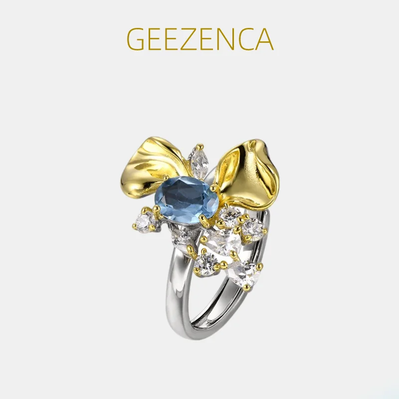 GEEZENCA Natural Blue Topaz Zircon S925 Silver Two Tone Flower Rings For Women Designer Chic Luxury Cocktail Ring 2023 New Gift