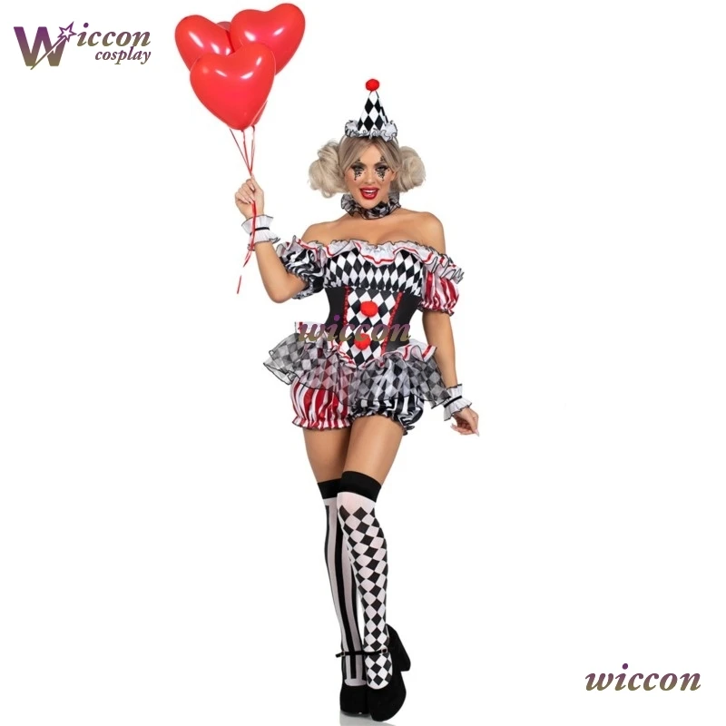 CosC Women Clown Cosplay Costume Circus Performance Outfit RolePlay Halloween Party Carnival Jester Dress Theater Stage Suit‌