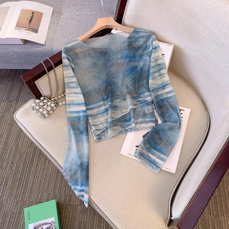 American Retro Tie Dye Me Long Sve T irt Dames Zomer Nieuw Klein Design Sensation Slim Fit ort Sle Zonnebrandcrème Top