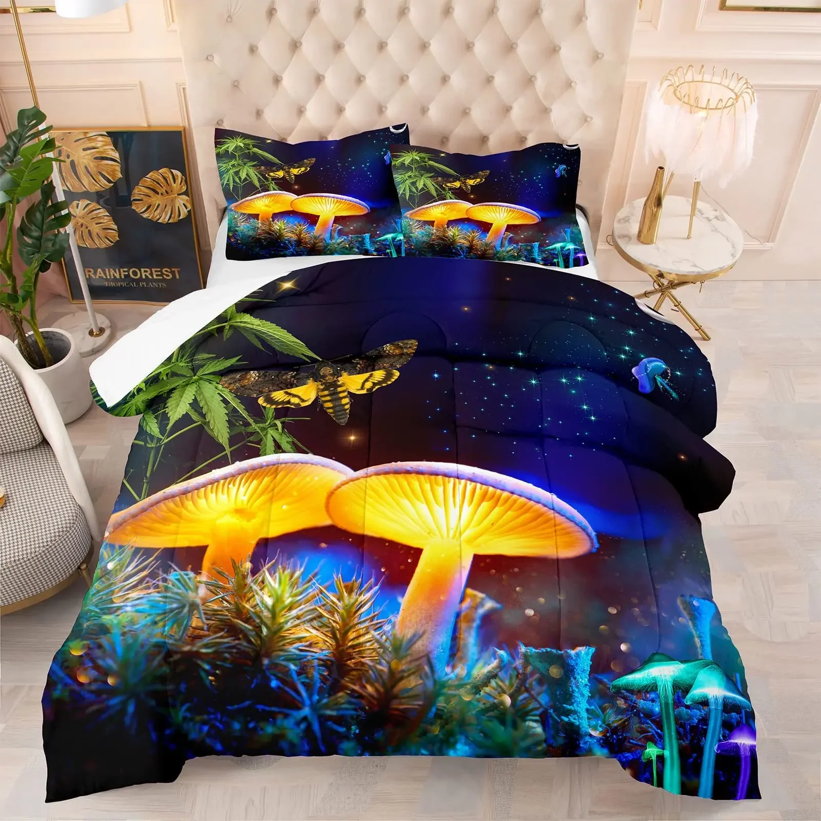 Mushroom Comforter Set 3 Piece, Colorful Mushroom Decor Twin King Size Bedding, Room Decor Comforter for Kids Adults Boys Girls