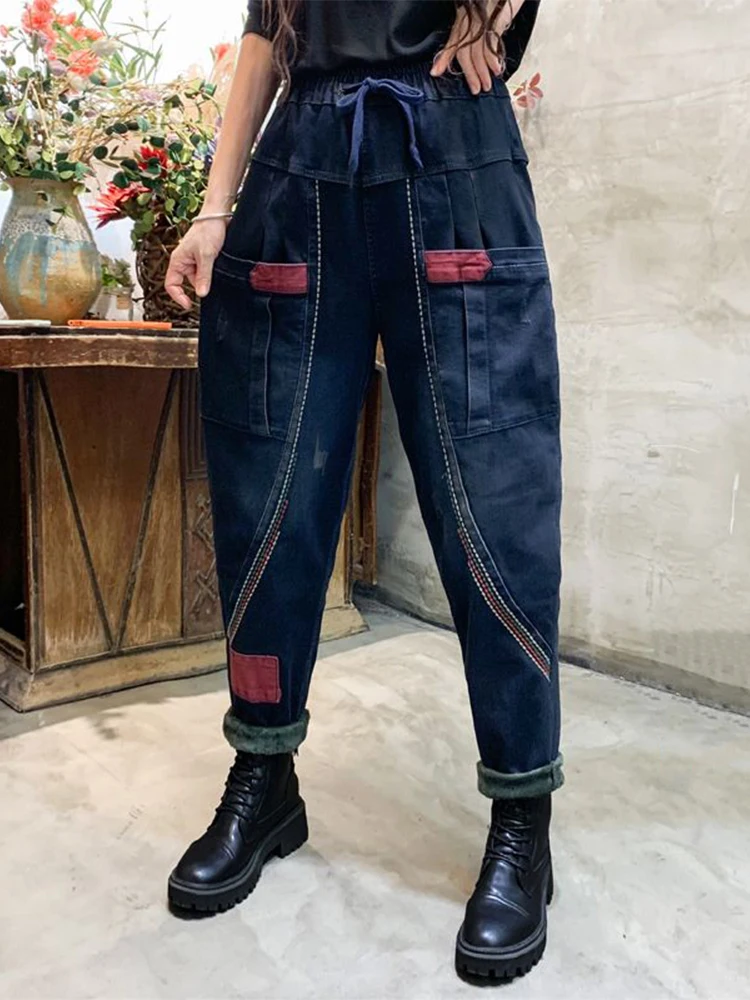 Amax luluE 2024 Fashion Winter Fur Jeans Womens Loose Warm Vintage Denim Pants 2024 Ladies Casual Classic Thicken Harem Trousers