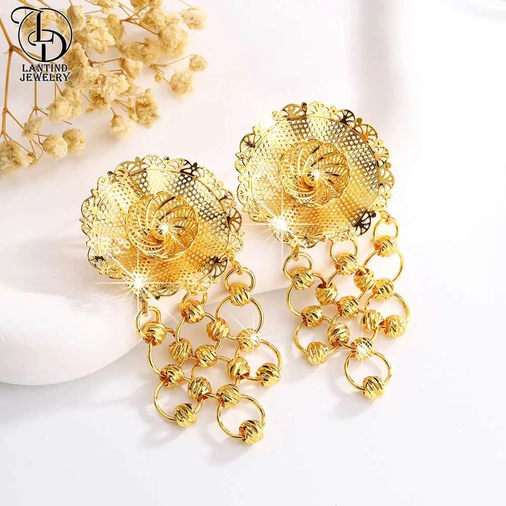 24K金メッキフラワーセーターと女性用ロングネックレス、中東の高級品、タッセルイヤリング、ファッションジュエリー、2個セット、as00039