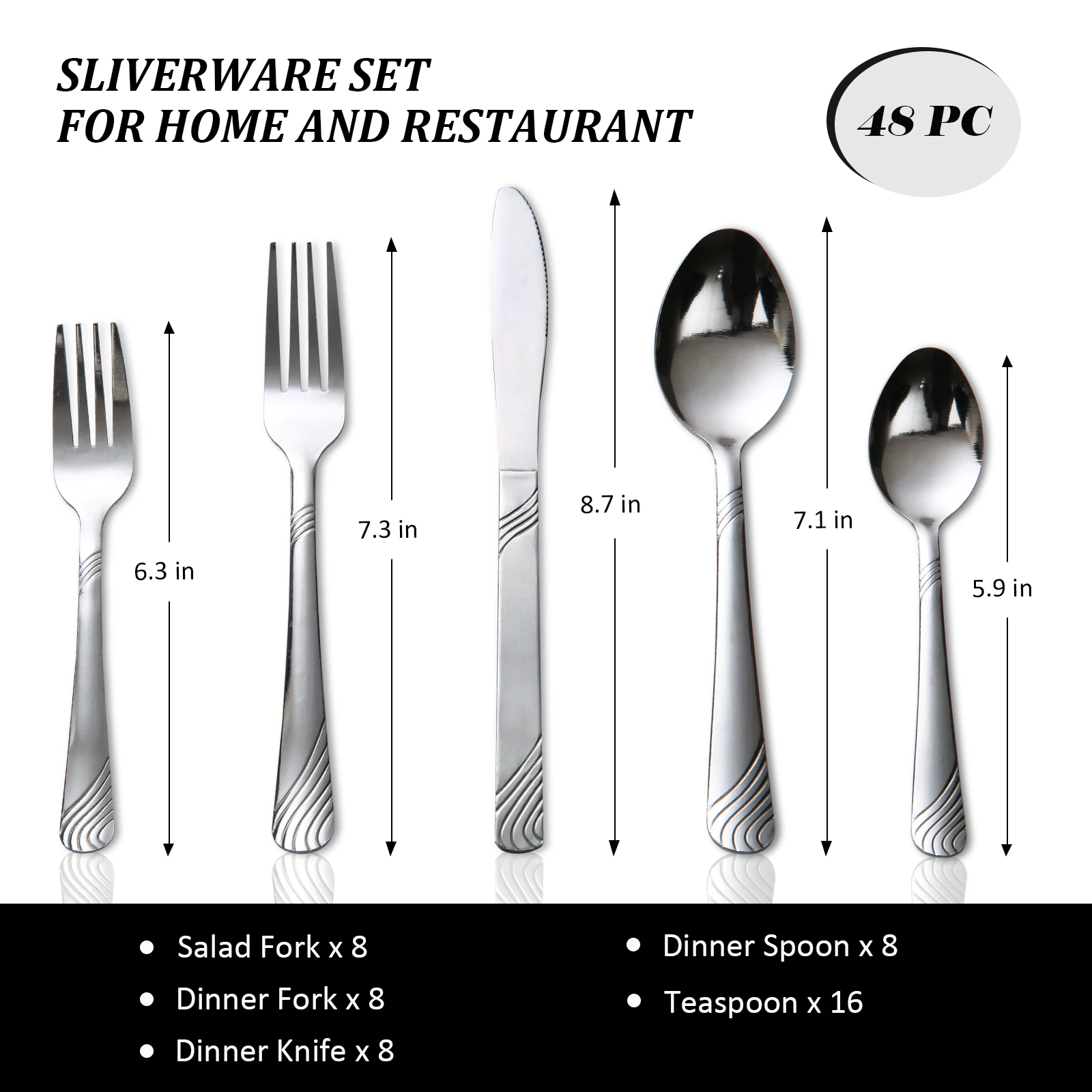 

HANSMART 48Pcs Stainless Steel Cutlery Set, Service for 8, Knives Forks Spoons, Kitchen Dinner Gift