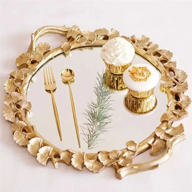 Ins Nordic Style European Wedding Decoration Plate Round Ginkgo Biloba Gold Mirror Tray Dessert Table Cake Large Tray