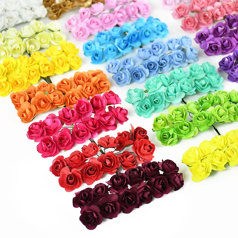 144/288pcs 2cm Mini Artificial Paper Rose Flower Heads Fake Roses Flower DIY Wreath Wedding Flowers Accessories Cake Decora