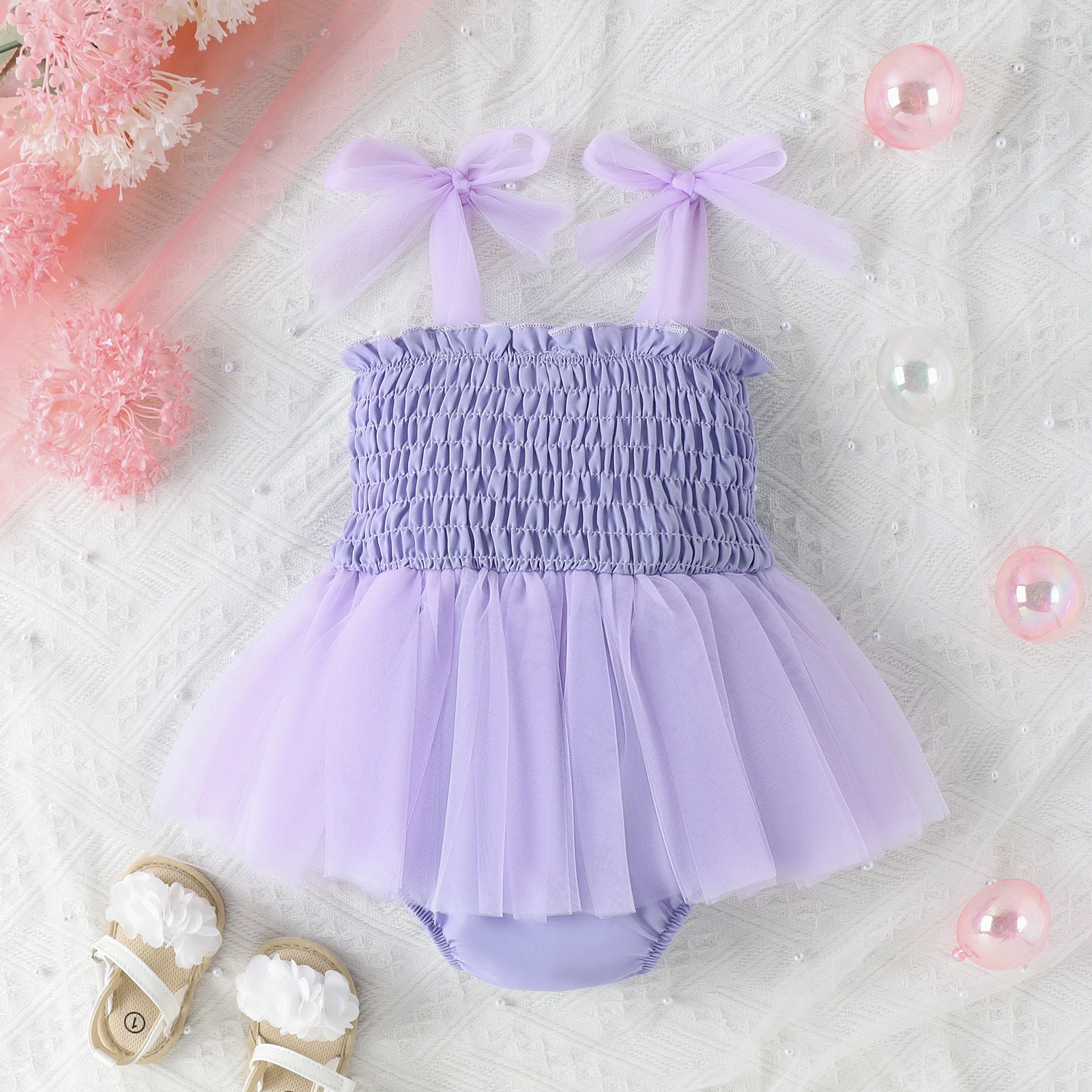 Newborn Baby Girl Clothing Solid Color Tulle Romper Pleated Bow Romper Baby Girl Clothing Summer Clothing