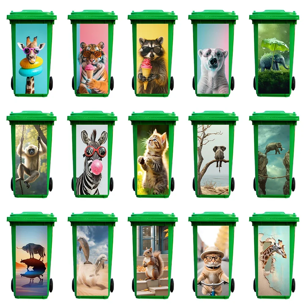 Funny Animal Eating Ice Cream Trash Can Sticker Waterproof Removable Outdoor Garbage Bin Dustbin Wrapping Cover Decals Wallpaper