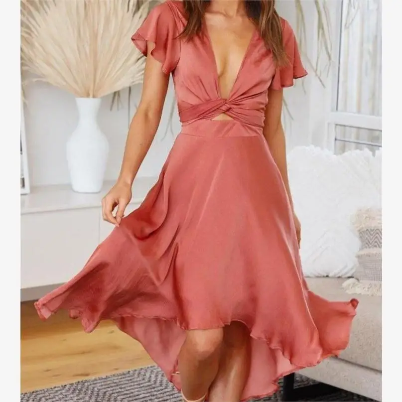 Nuevo Vestido Midi de Verano con Cuello en V, Naranja, Hueco, con Cinturón, Manga Asimétrica, Estilo Urbano, Cintura Alta, Manga Corta para Mujer