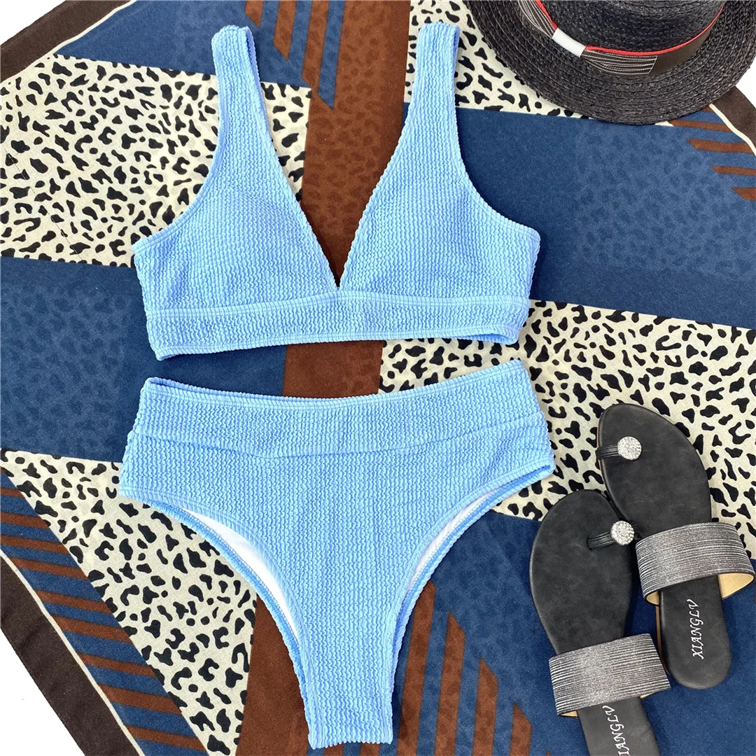 Gefalteter, geraffter Damen-Badeanzug mit V-Ausschnitt, hochtaillierter Bikini, zweiteiliges Bikini-Set, Badebekleidung, Badeanzug, Modell V3590. – Detail 29