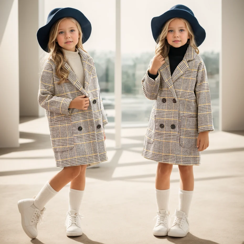 Girls Winter Long Jacket Outerwear Plaid Pattern Jacket For Girl Thick Warm Kids Coat Outerwear Teenage Children Clothings