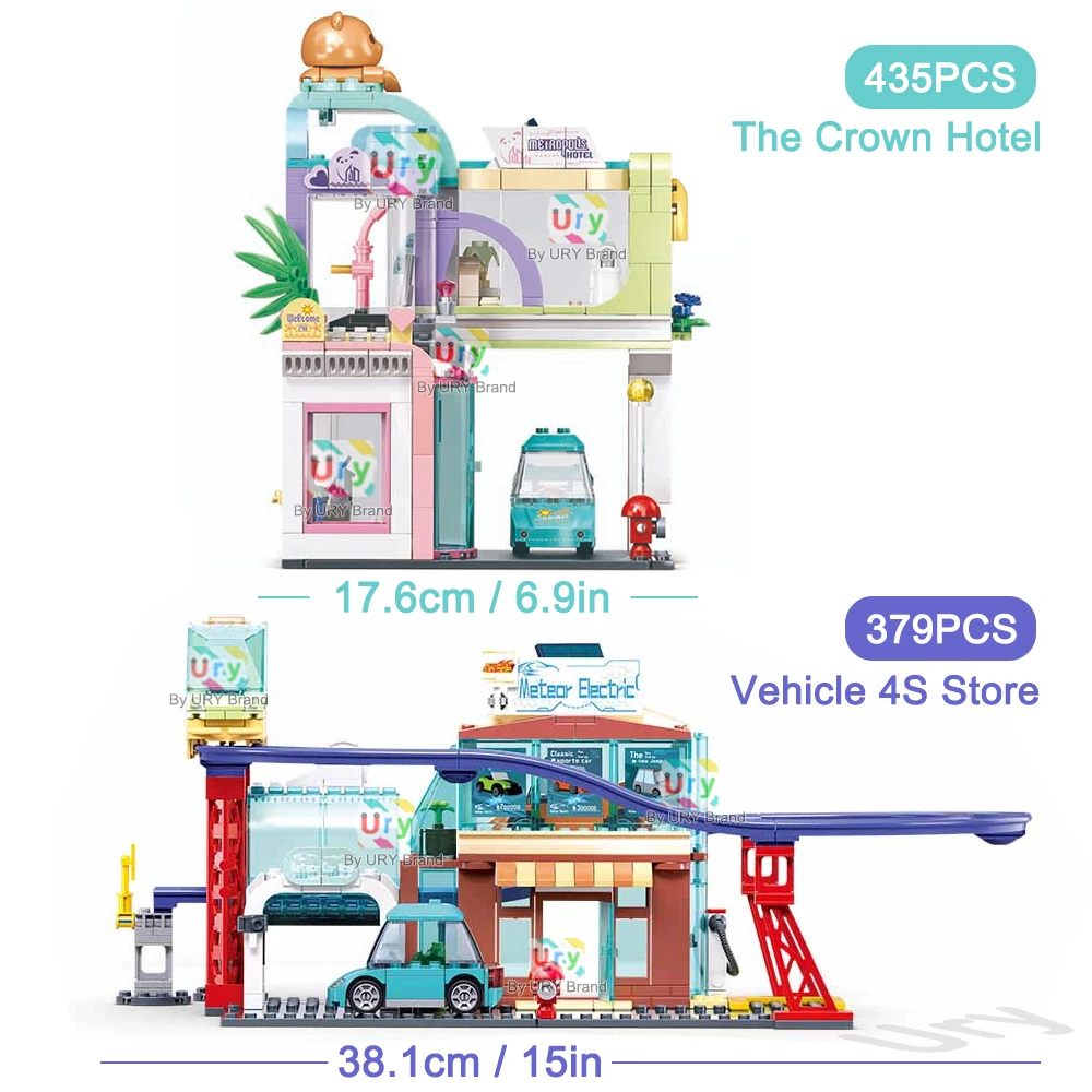 Sluban Friends House City The Crown Hotel Department Store New Energy Vehicle 4S Model Building Blocks Set DIY Toy for Girl Gift