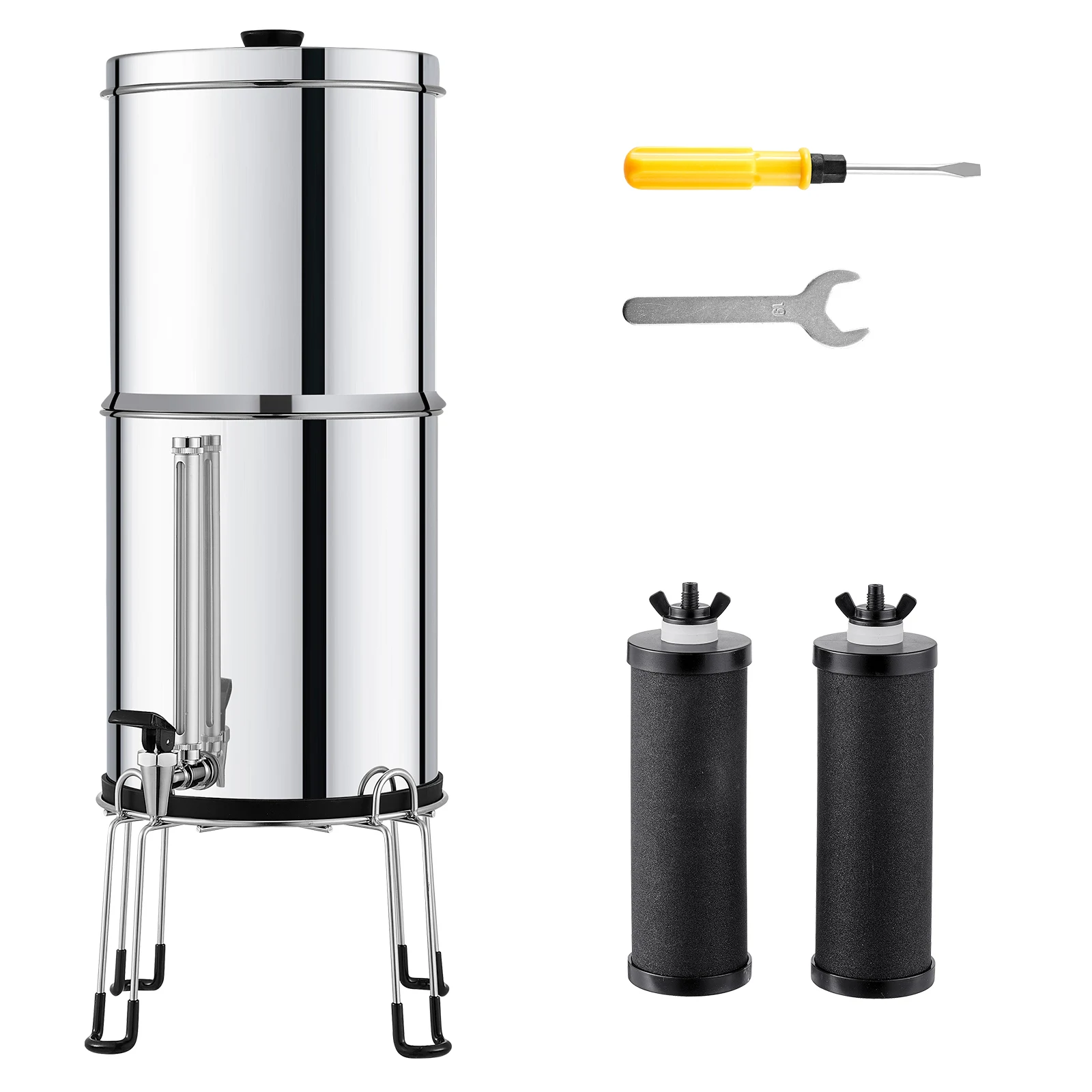 SucceBuy Gravity-fed Water Filter System 2.25 Gallon  Water Filtration System with 2 Carbon Filters, Water Level  Spigot, Stand