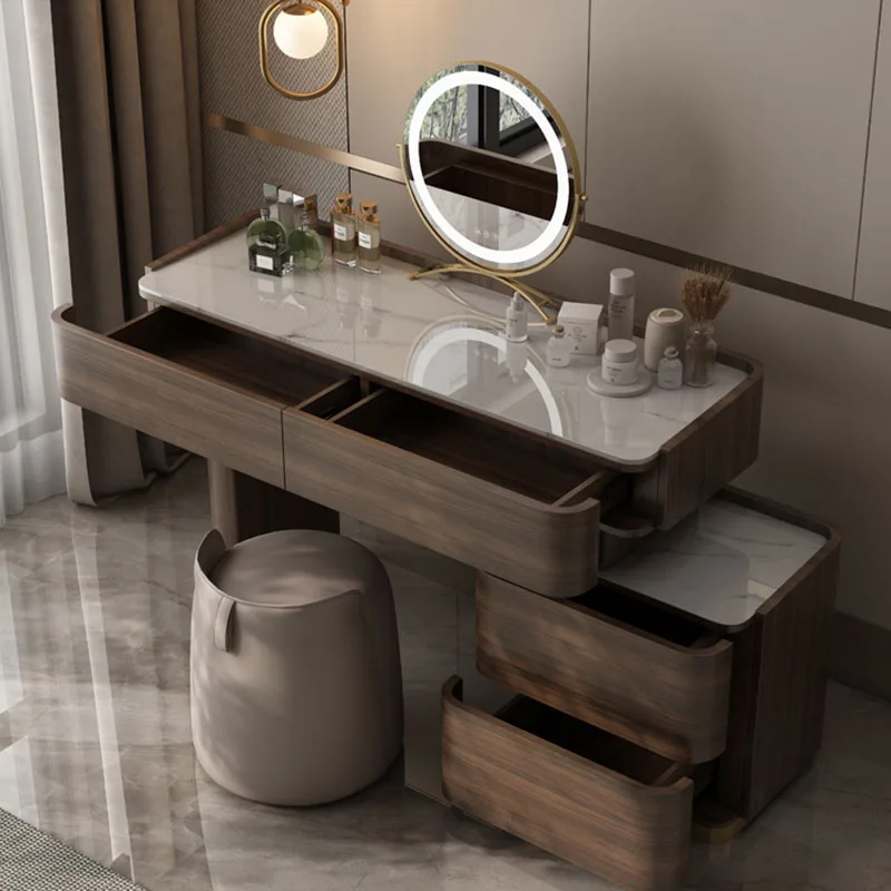 Brown Luxury Dressing Table Bedroom Storage Wood Lights Dressing Table Makeup Mirror Penteadeiras De Maquiagem Bedroom Furniture