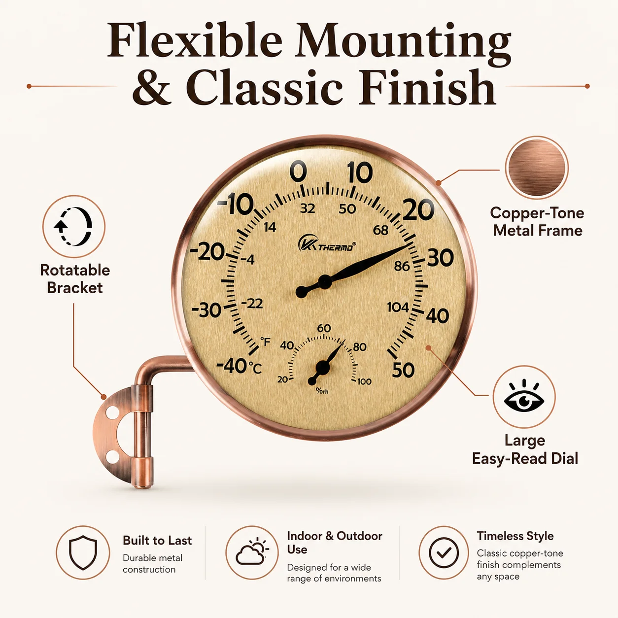 Vintage Gold Dial Wall Thermometer Hygrometer, Indoor/Outdoor Temperature & Humidity Gauge for Home, Warehouse, Farm & Greenhous