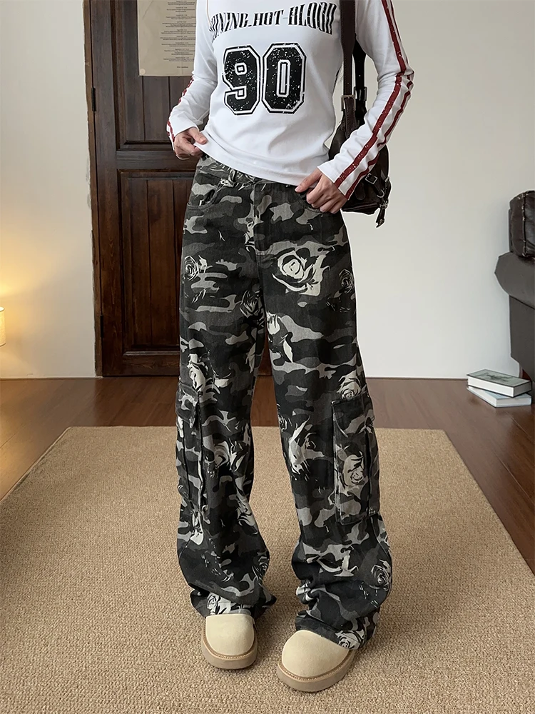 

American Vibe High Street Camouflage Work Pants Multi-Pocket Trendy Brand Men's Casual Straight Loose Wide Leg Long Trousers