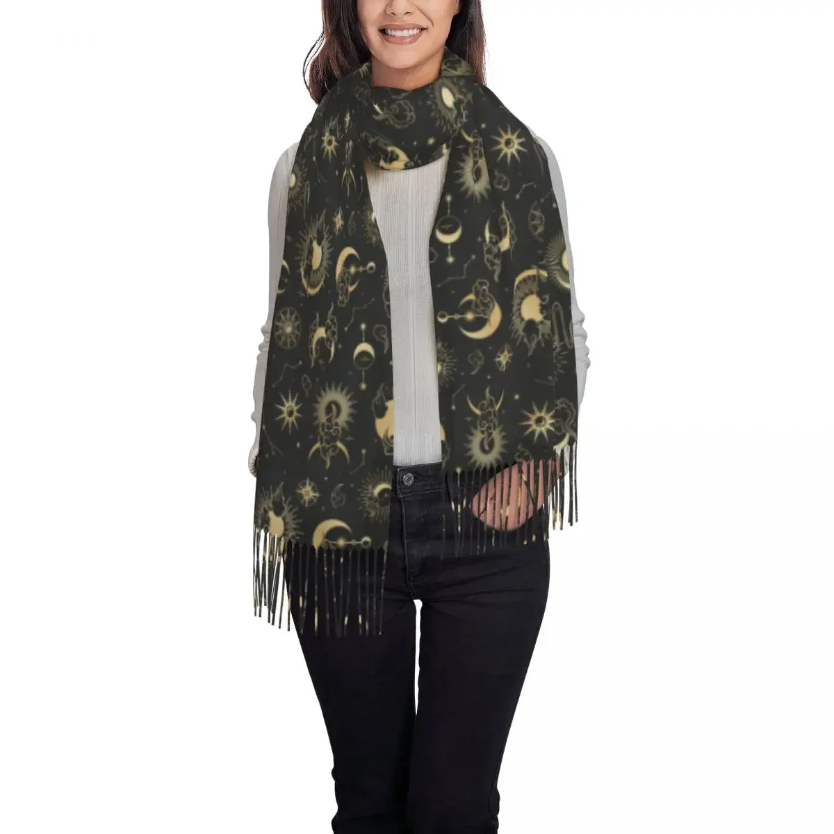 Gold Moon Sun Scarf with Tassel Astrology Art Keep Warm Shawls and Wrap Female Headwear Scarves Autumn Casual Bufanda