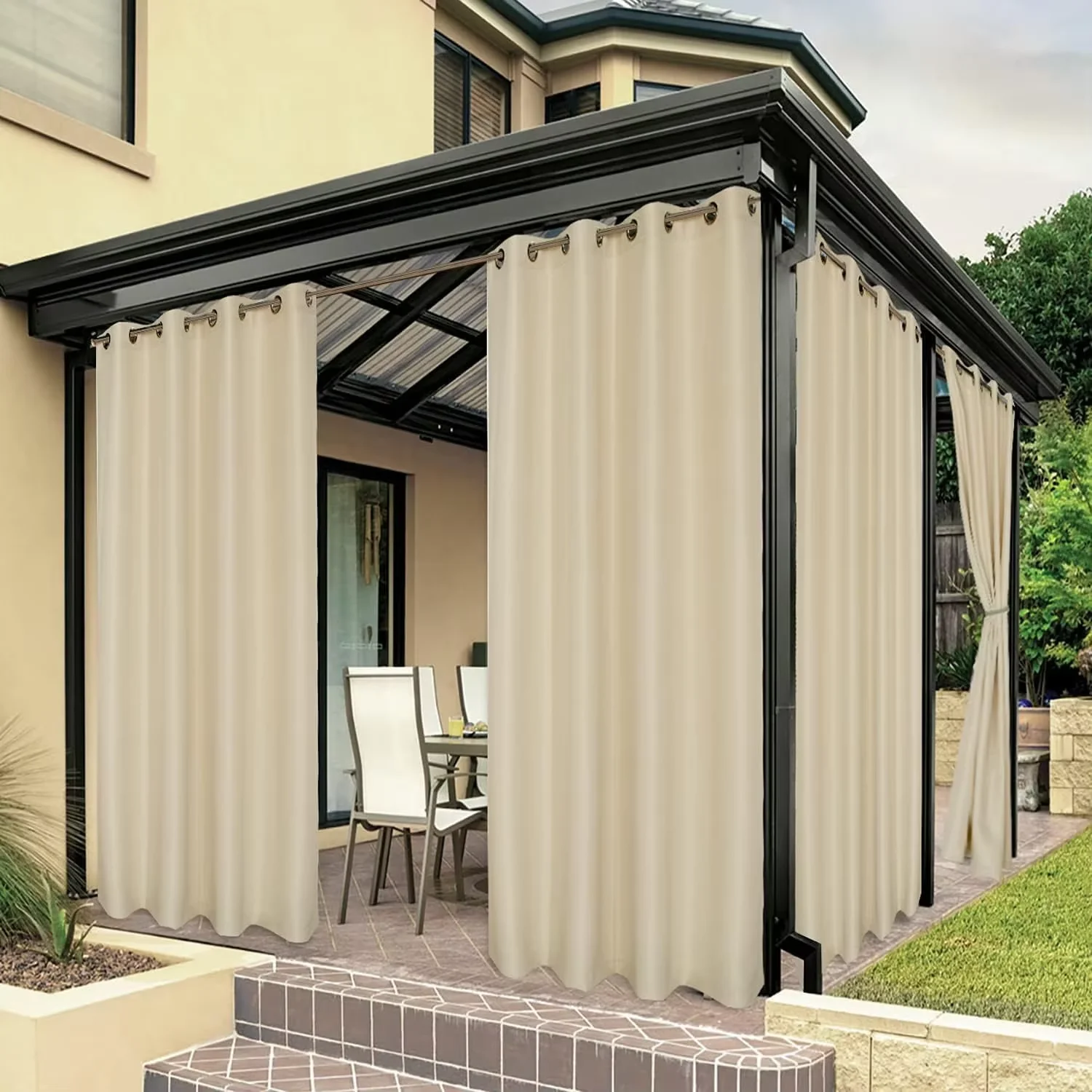 1PC Waterproof Outdoor Privacy with Grommet Top Curtain For Porch Pergola Cabana Patio Modern Simplicity No Punching Required
