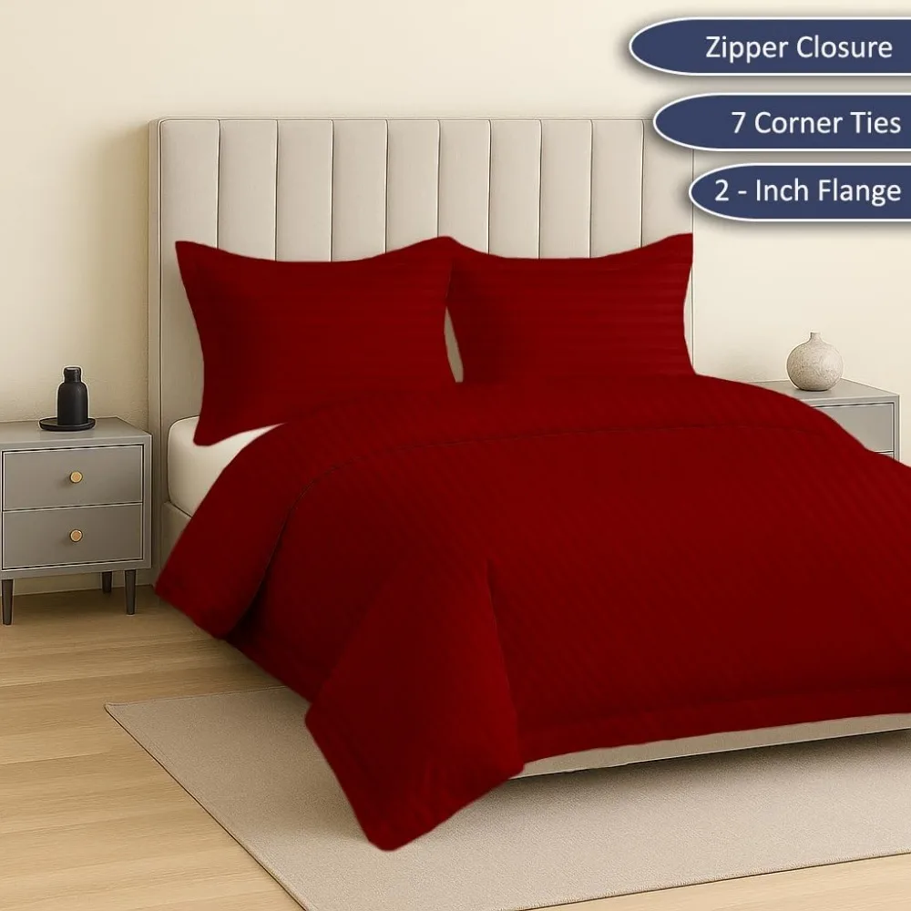 طقم غطاء لحاف مخطط باللون العنابي الفاخر - مقاس سوبر كوين، 98 × 90، عدد 800 خيط من القطن المصري، ناعم ومسامي #2