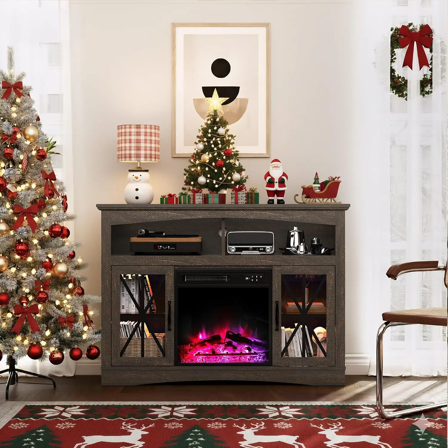 47'' Farmhouse TV Stand with Fire Place, Retro TV Console with Glass Doors, Media Entertainment Center with, Customized