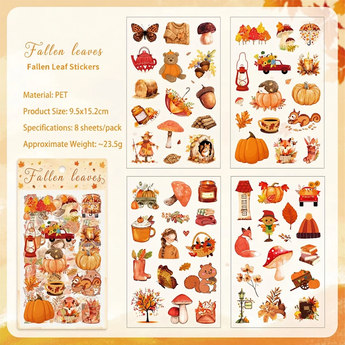 8PCS Autumn Forest PET Stickers, Waterproof Transparent Decals for Journal Scrapbook DIY Crafts, Aesthetic Fall Woodland Decor
