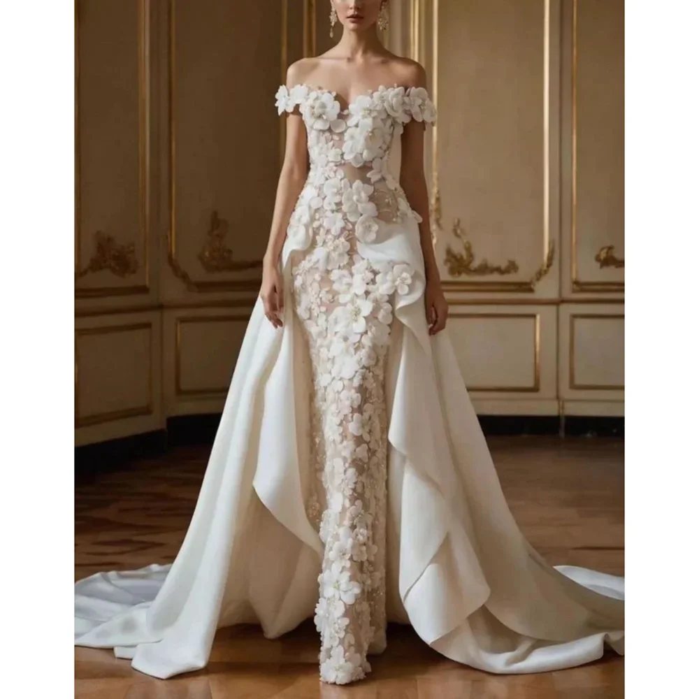 Abiti da sposa con spalle scoperte con fiori 3D Perle di lusso Applicazioni in pizzo Abiti a sirena Abiti da sposa con strascico di moda