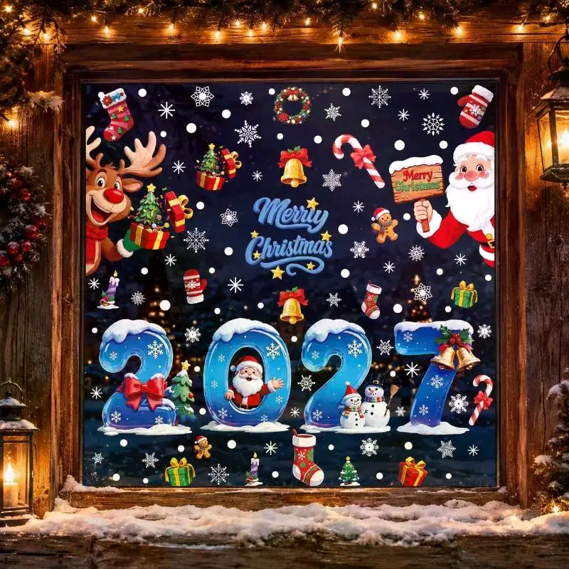1/2/4 Sheets 2027 Christmas Snowman Pinecone Static Stickers Santa Claus Window Glass Decals Holiday Home Decorations