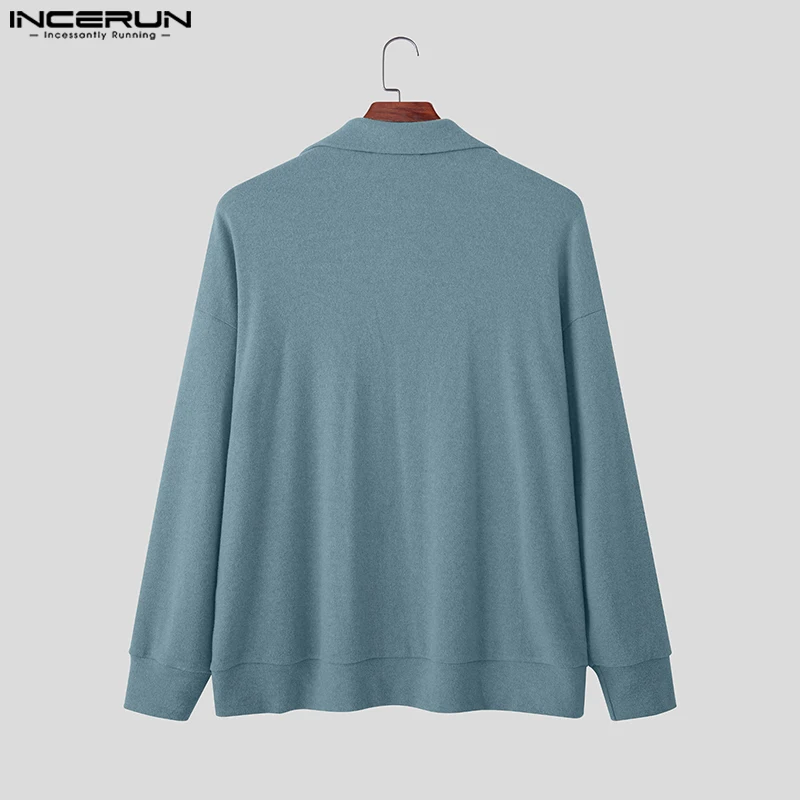 INCERUN-cárdigan de punto de Color liso para hombre, suéter de manga larga con solapa para hombre, suéter informal holgado de estilo coreano 2025, abrigos para hombre