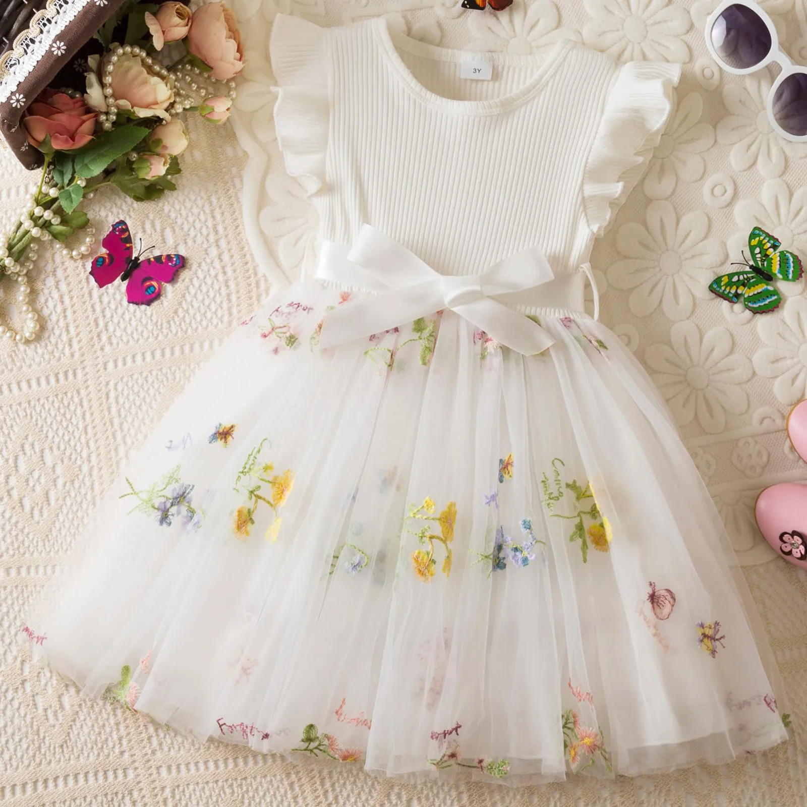 

2025 New Children's Floral Party Summer Mesh Dresses for Girls 1-5Y Baby Casual Costume Kids Spring Clothes for Long Sleeves
