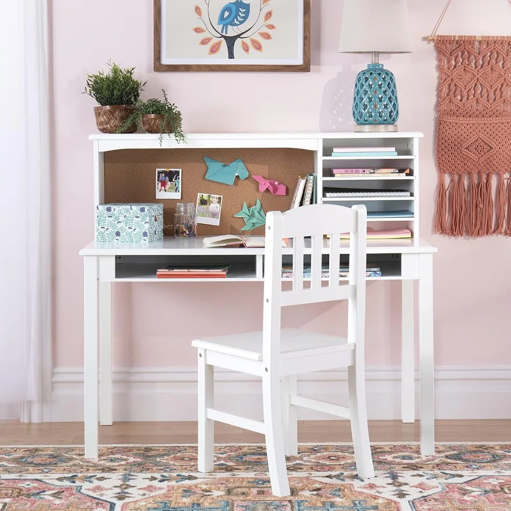 Bureau multimédia et chaise pour enfants, blanc, bureau d'ordinateur d'étude pour enfants avec clapier et rangement, meubles de chambre en bois pour enfants