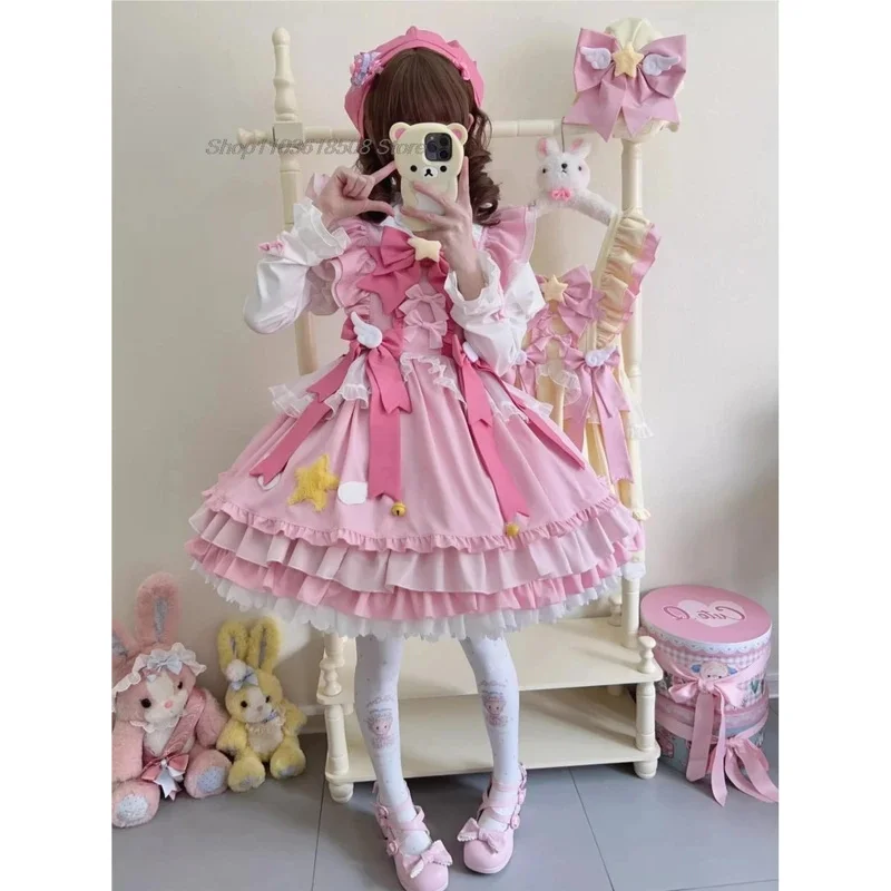 Anime Lolita JSK mini sukienka zestaw kobiety słodka magiczna gwiazda kokardka ruffles księżniczka kostiumy cosplay sukienki imprezowe dziewczyny urocza sukienka pokojówki