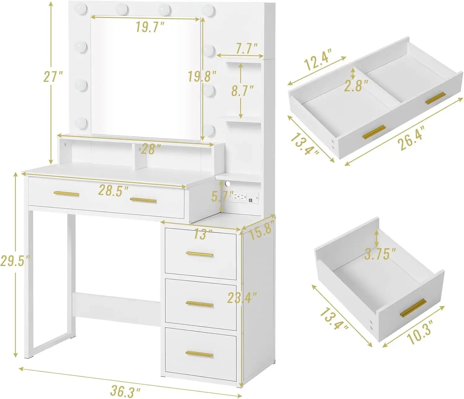 White Makeup Vanity with 10 Light Bulbs Modern Vanity Desk with Mirror & 3 Lighting Modes Vanity Table with 2 USB Ports