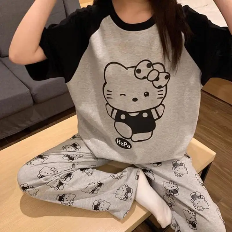 Sanrios Hello Kittys Women's Pajamas Pants Anime Cartoon Summer Student Short Sleeve Trousers Loungewear Set Girl Nightwear Gift