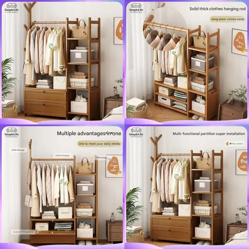 Solid Wood Coat Rack with Shelf and Drawer Floor Standing Hall Tree Entryway Storage Organizer Bedroom Furniture Freestanding