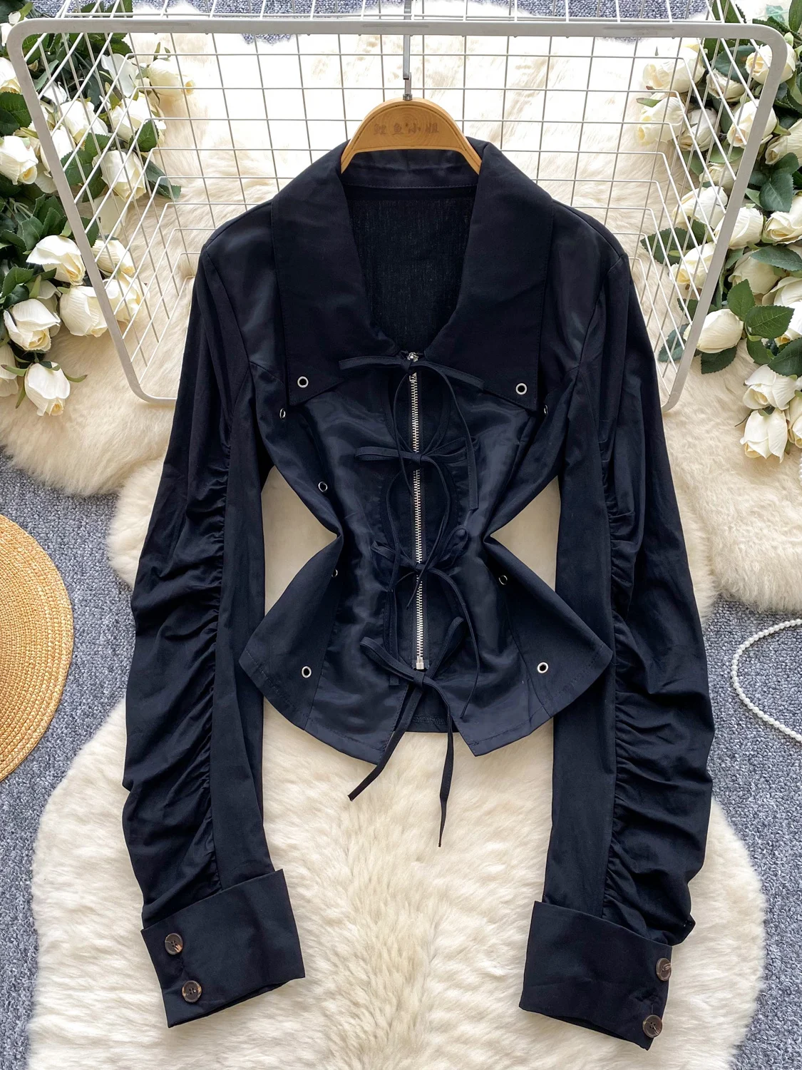 

Trendy Knot Long Sve irt Women's Faionable Waist-Cinching Collared Top Korean Sle Polyester Fiber