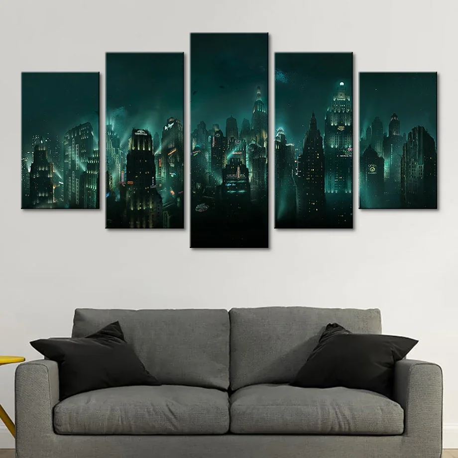 HD Prints Canvas Posters Home Decor 5 Pcs Bioshock Rapture Night View Game Paintings Wall Art Pictures Modular For Living Room