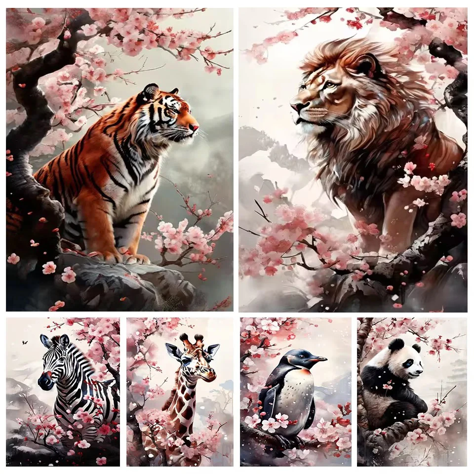 Chinese Ink Landscape 5D Diamond Painting Kits Animal Fox Elephant Orangutan Tiger Mosaic Pink Plum Flower Diamond Embroidery