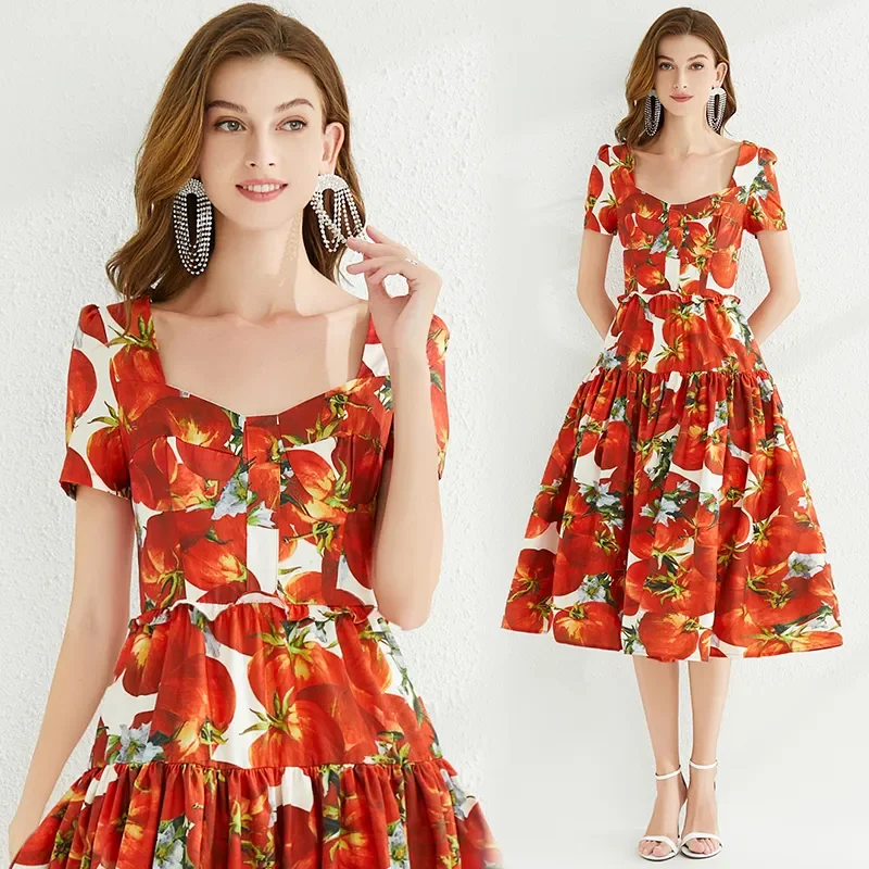 2023 Tomato Flower Red Beach New In Dress Women's Square Collar Short Sleeve Floral Print Backless Lace Up Bow Vestidos